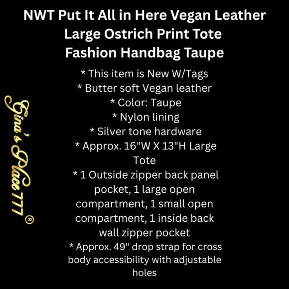 Put It All in Here Vegan Leather Large Ostrich Print Tote Fashion Handbag Taupe - Picture 3 of 13
